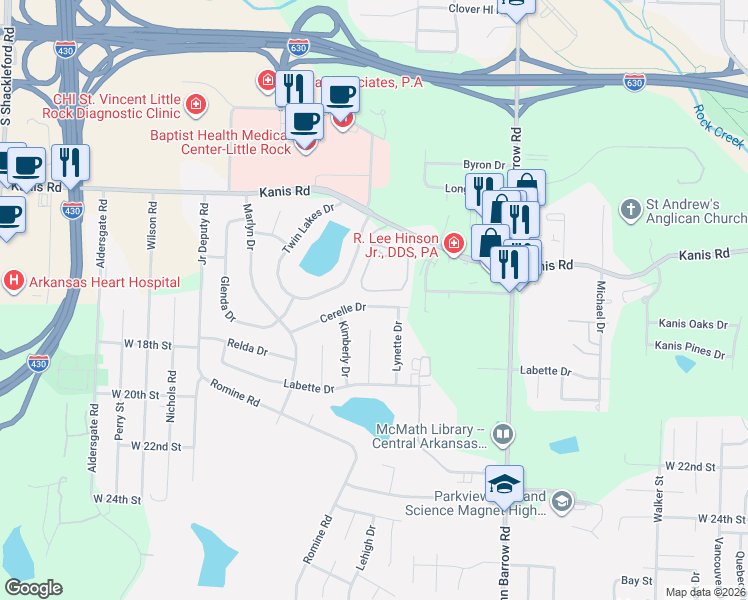 map of restaurants, bars, coffee shops, grocery stores, and more near 9500 Cerelle Drive in Little Rock