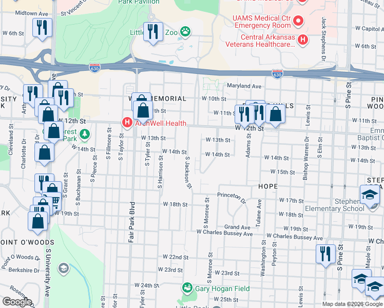 map of restaurants, bars, coffee shops, grocery stores, and more near 1408 South Monroe Street in Little Rock