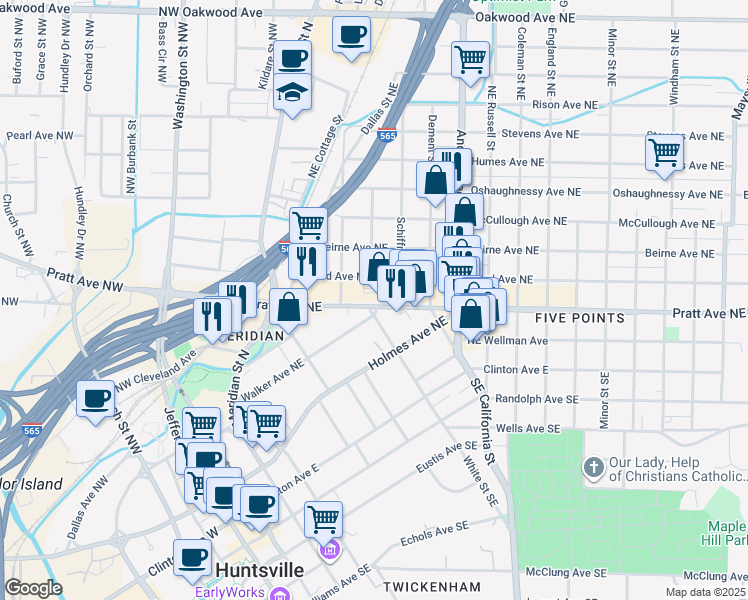 map of restaurants, bars, coffee shops, grocery stores, and more near 401 Pratt Avenue Northeast in Huntsville