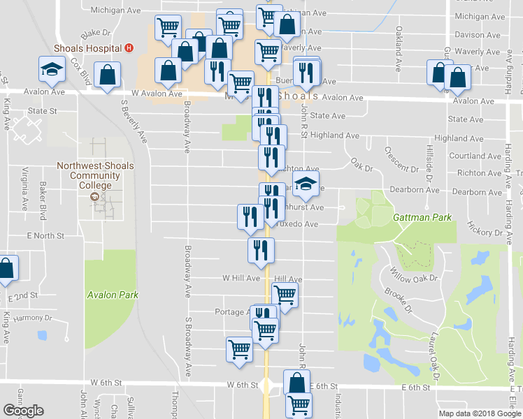 map of restaurants, bars, coffee shops, grocery stores, and more near 2400 Woodward Avenue in Muscle Shoals