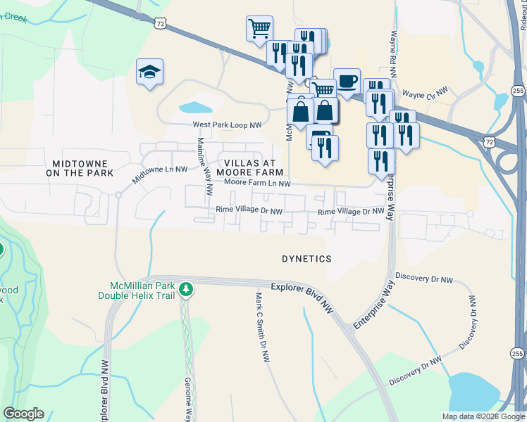 map of restaurants, bars, coffee shops, grocery stores, and more near 6251 Rime Village Drive Northwest in Huntsville