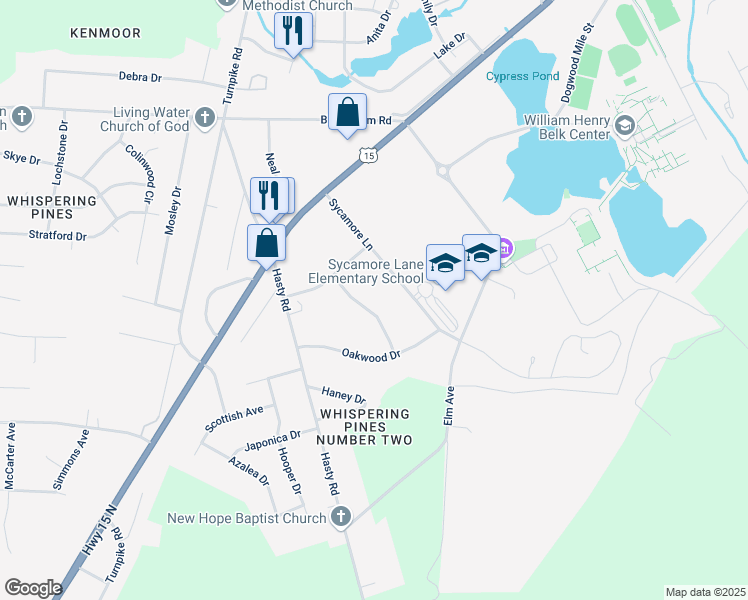 map of restaurants, bars, coffee shops, grocery stores, and more near 13361 Maplewood Drive in Laurinburg