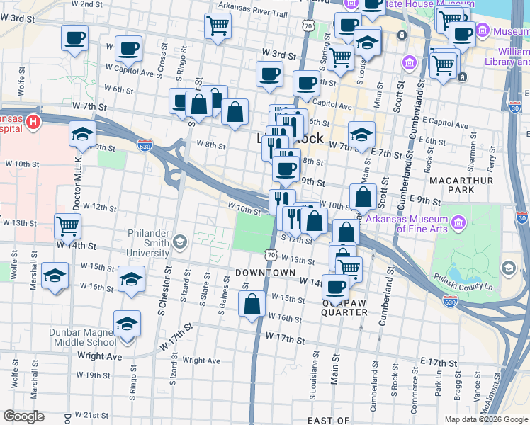 map of restaurants, bars, coffee shops, grocery stores, and more near 599-525 West 10th Street in Little Rock