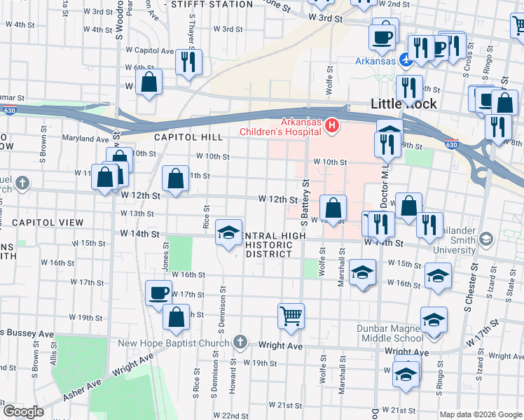 map of restaurants, bars, coffee shops, grocery stores, and more near 1304 South Schiller Street in Little Rock