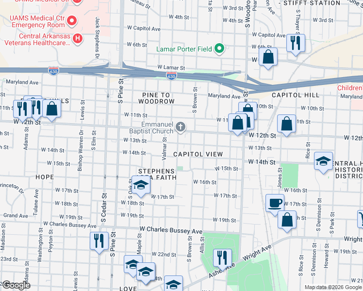 map of restaurants, bars, coffee shops, grocery stores, and more near 1401 South Martin Street in Little Rock