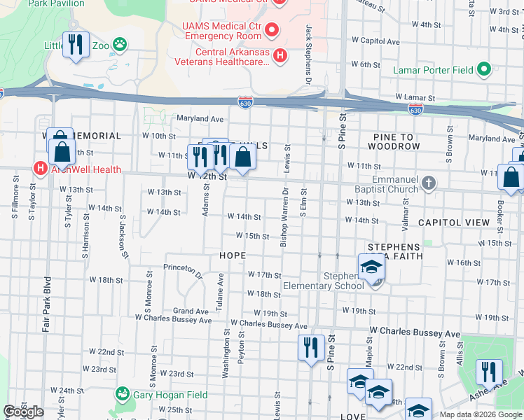 map of restaurants, bars, coffee shops, grocery stores, and more near 4309 West 14th Street in Little Rock