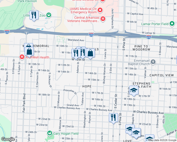 map of restaurants, bars, coffee shops, grocery stores, and more near 1405 Washington Street in Little Rock