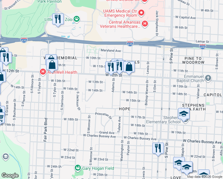 map of restaurants, bars, coffee shops, grocery stores, and more near 1403 Adams Street in Little Rock