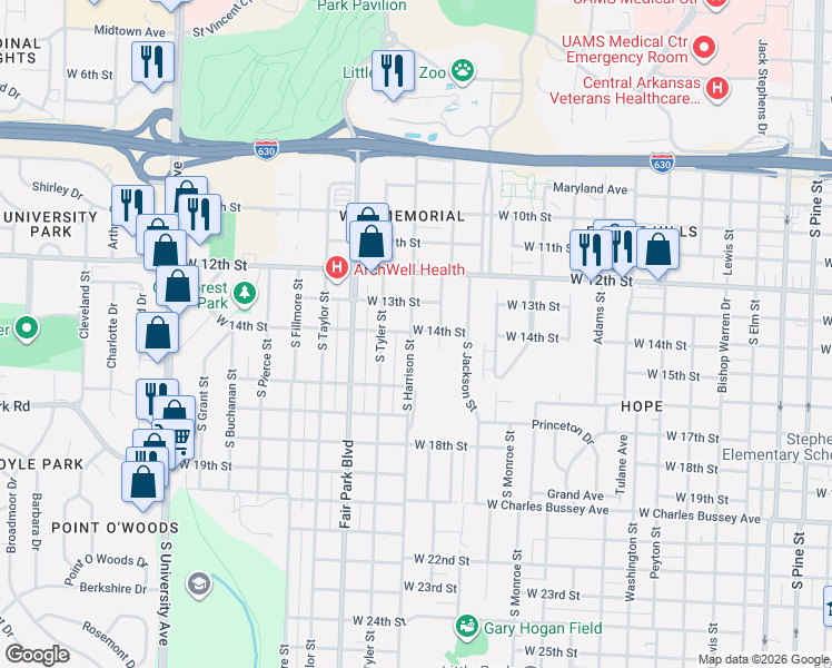 map of restaurants, bars, coffee shops, grocery stores, and more near 1416 South Harrison Street in Little Rock