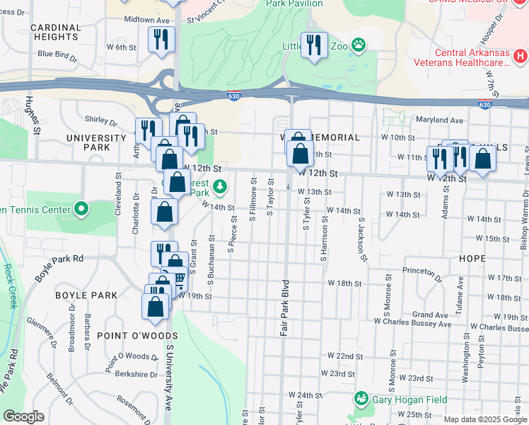 map of restaurants, bars, coffee shops, grocery stores, and more near 1419 South Taylor Street in Little Rock