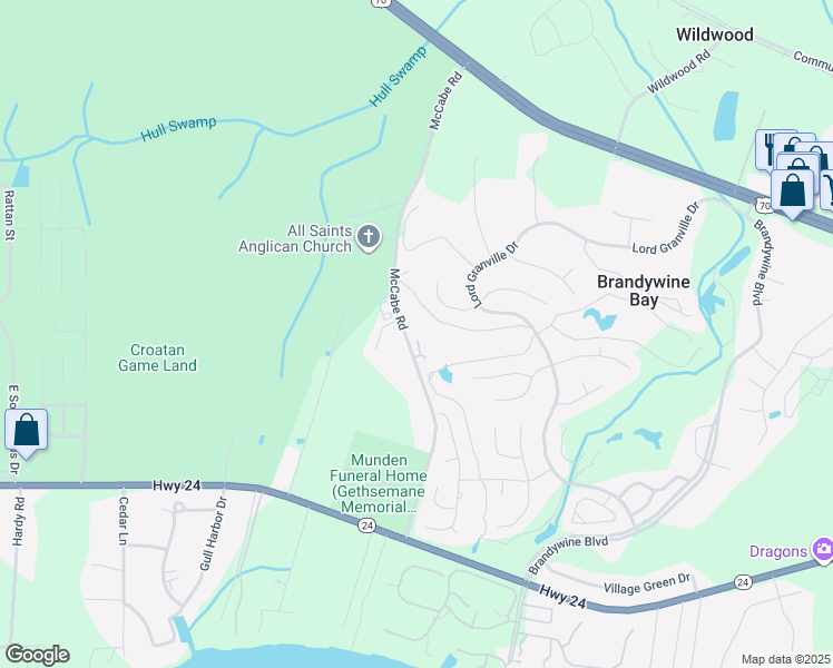 map of restaurants, bars, coffee shops, grocery stores, and more near McCabe Rd in Newport