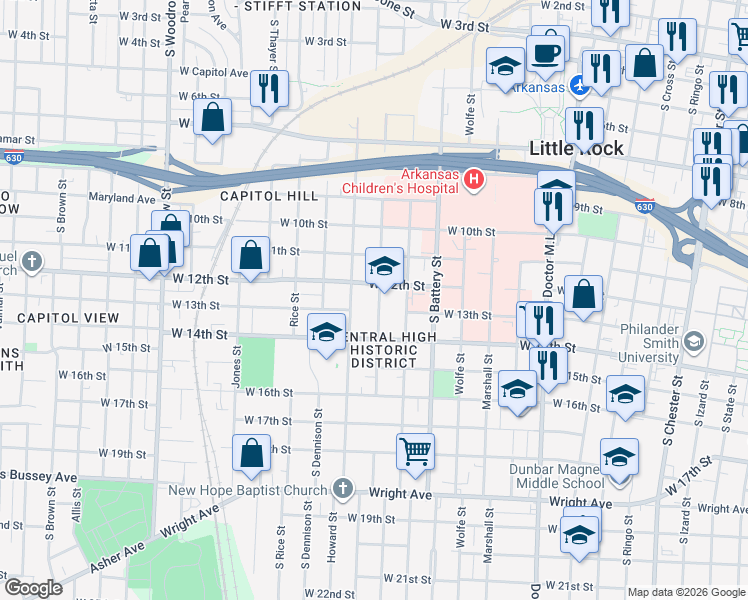 map of restaurants, bars, coffee shops, grocery stores, and more near 1304 South Schiller Street in Little Rock