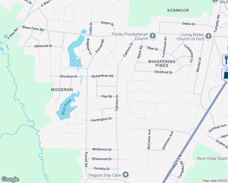 map of restaurants, bars, coffee shops, grocery stores, and more near 12180 Cypress Drive in Laurinburg