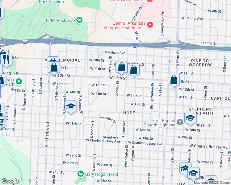 map of restaurants, bars, coffee shops, grocery stores, and more near 1403 Adams Street in Little Rock