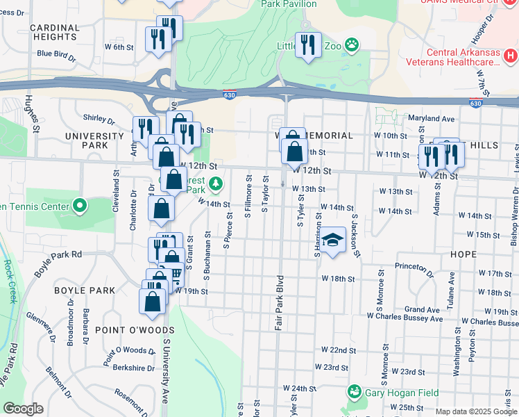 map of restaurants, bars, coffee shops, grocery stores, and more near 1419 South Taylor Street in Little Rock
