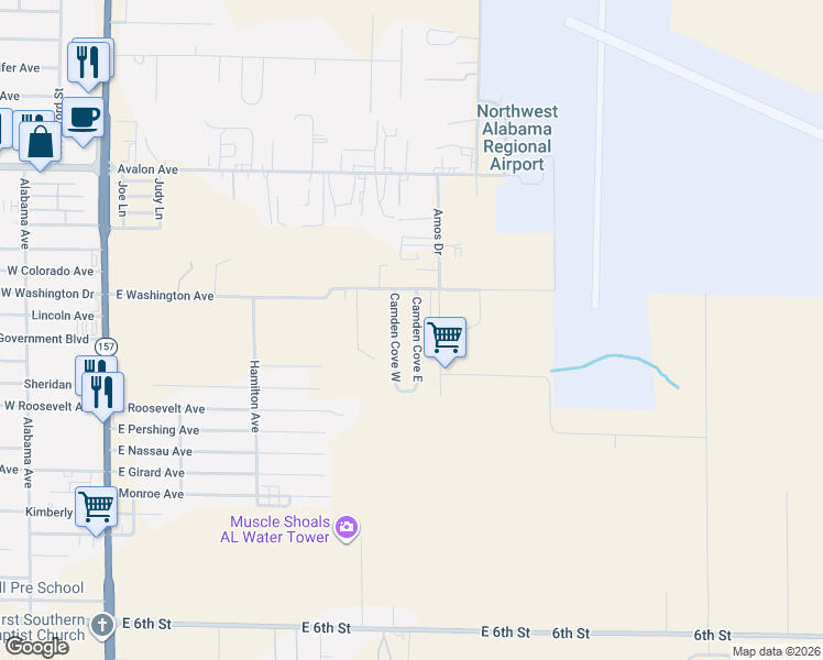 map of restaurants, bars, coffee shops, grocery stores, and more near 2352 Camden West in Muscle Shoals