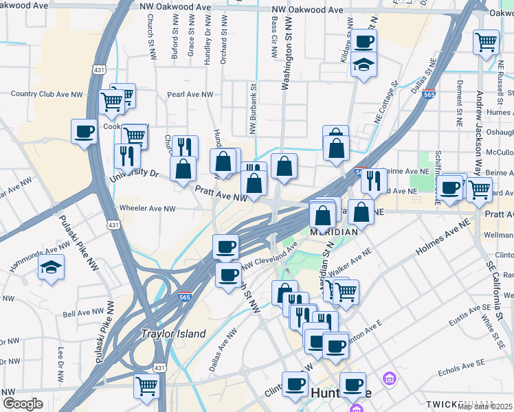 map of restaurants, bars, coffee shops, grocery stores, and more near Pratt Ave NW in Huntsville