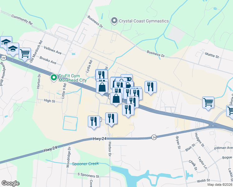 map of restaurants, bars, coffee shops, grocery stores, and more near 5186 U.S. 70 in Morehead City