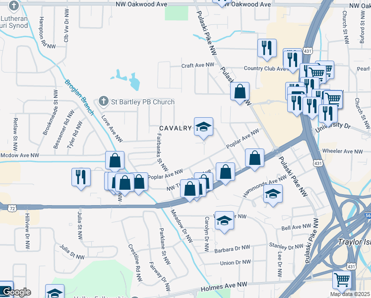 map of restaurants, bars, coffee shops, grocery stores, and more near 2800 Poplar Avenue Northwest in Huntsville