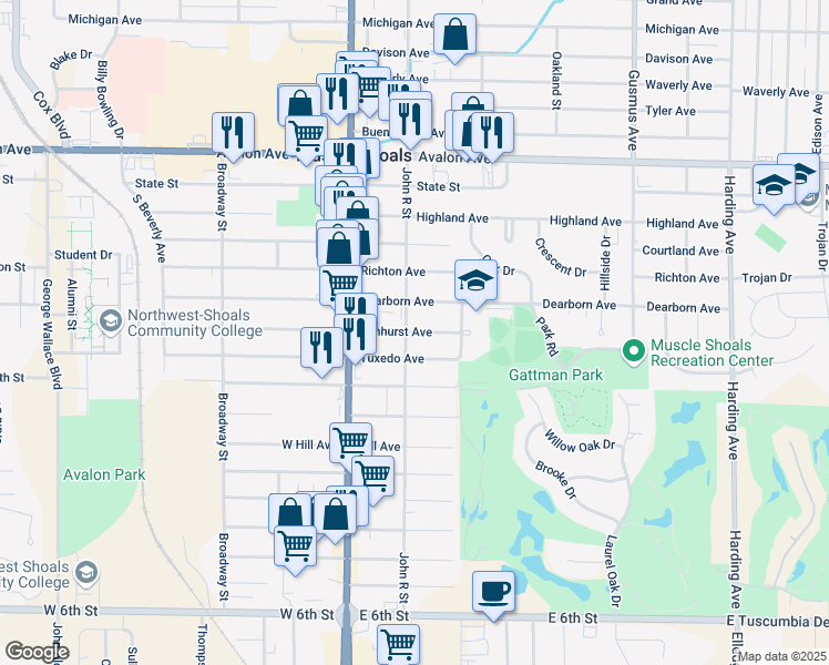 map of restaurants, bars, coffee shops, grocery stores, and more near 714 Elmhurst Avenue in Muscle Shoals