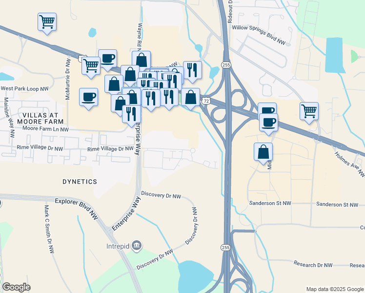 map of restaurants, bars, coffee shops, grocery stores, and more near 1148 Enterprise Way Northwest in Huntsville