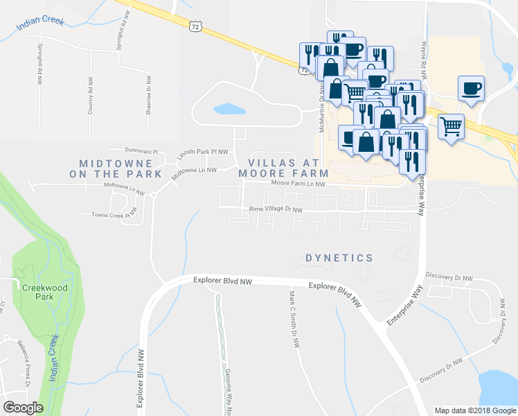 map of restaurants, bars, coffee shops, grocery stores, and more near 6263 Rime Village Drive Northwest in Huntsville