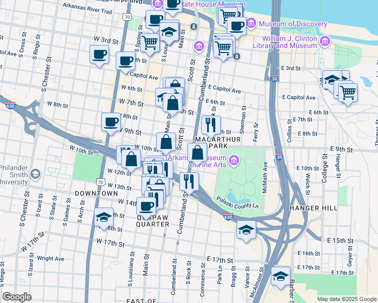 map of restaurants, bars, coffee shops, grocery stores, and more near 1003 Cumberland Street in Little Rock