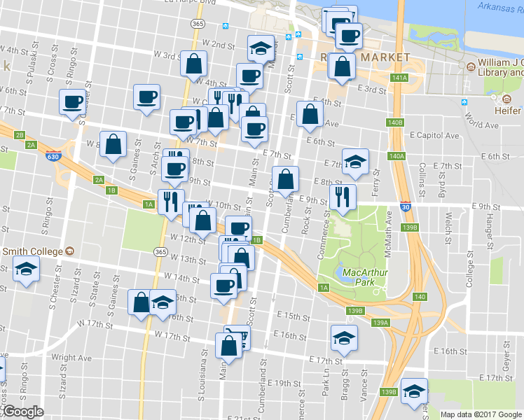 map of restaurants, bars, coffee shops, grocery stores, and more near 1007 Main Street in Little Rock