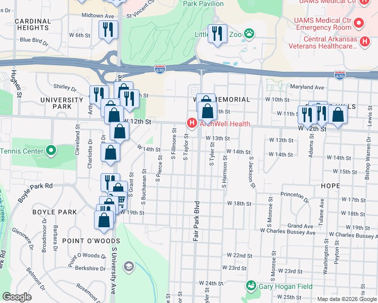 map of restaurants, bars, coffee shops, grocery stores, and more near 1419 South Taylor Street in Little Rock