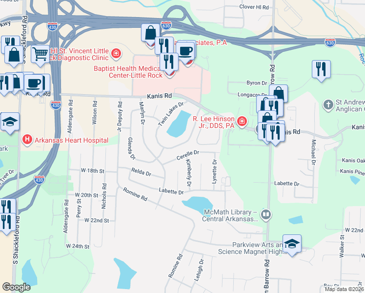 map of restaurants, bars, coffee shops, grocery stores, and more near 9609 Cerelle Drive in Little Rock
