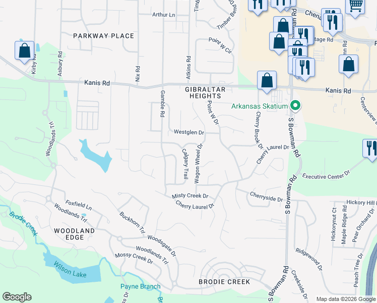 map of restaurants, bars, coffee shops, grocery stores, and more near 1720 Calgary Trail in Little Rock