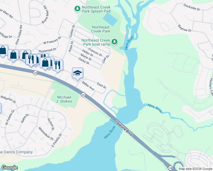map of restaurants, bars, coffee shops, grocery stores, and more near 33 East Drive in Jacksonville