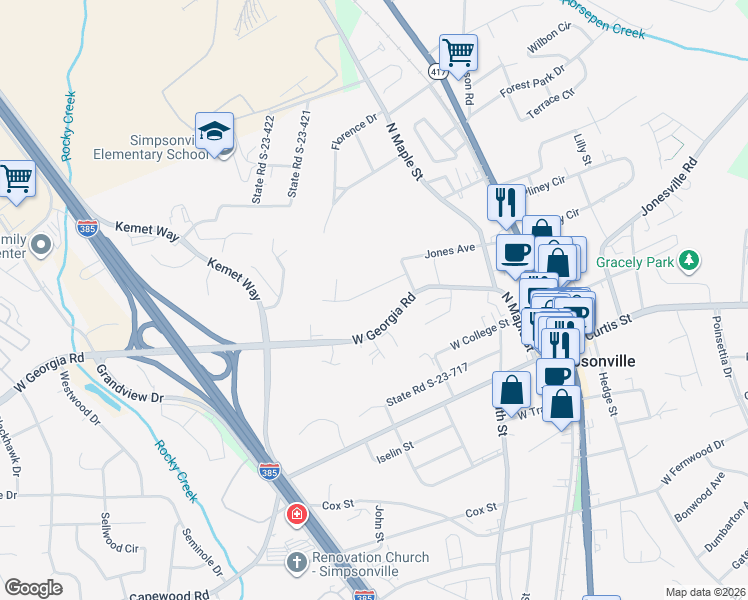 map of restaurants, bars, coffee shops, grocery stores, and more near 309 West Georgia Road in Simpsonville