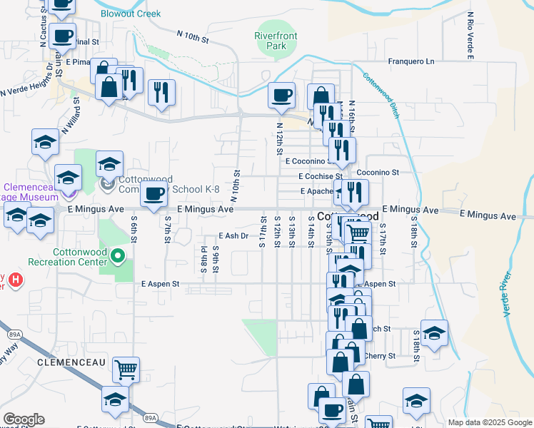 map of restaurants, bars, coffee shops, grocery stores, and more near 1101 East Mingus Avenue in Cottonwood