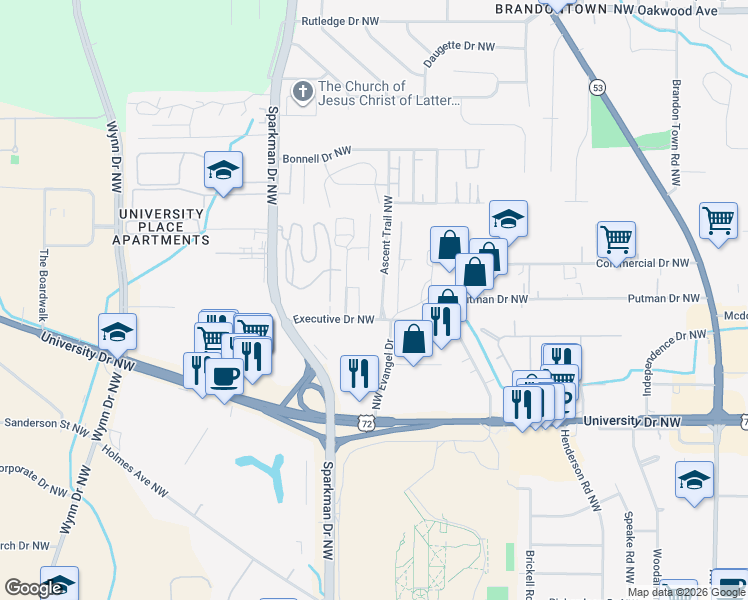 map of restaurants, bars, coffee shops, grocery stores, and more near 1405 Ascent Trail Northwest in Huntsville