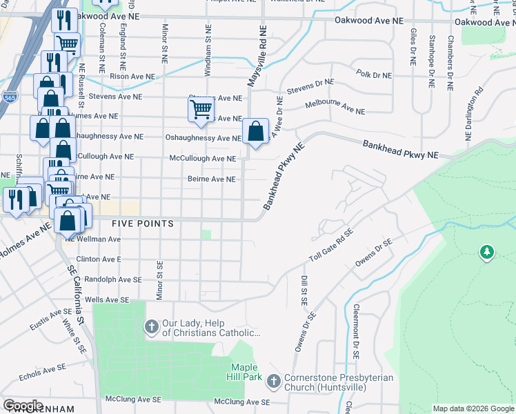 map of restaurants, bars, coffee shops, grocery stores, and more near 1707 Ward Avenue Northeast in Huntsville