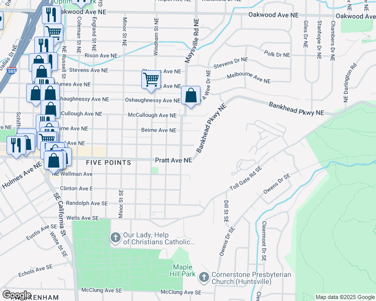 map of restaurants, bars, coffee shops, grocery stores, and more near 1707 Ward Avenue Northeast in Huntsville