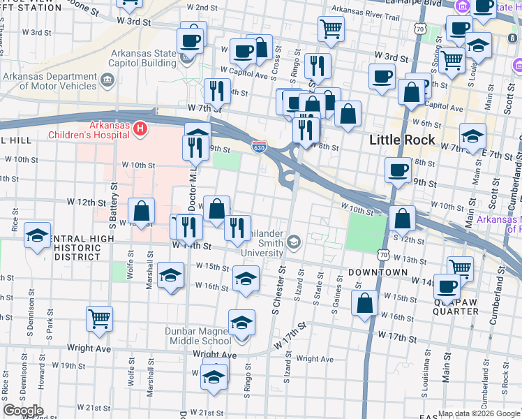 map of restaurants, bars, coffee shops, grocery stores, and more near 1020 South Ringo Street in Little Rock