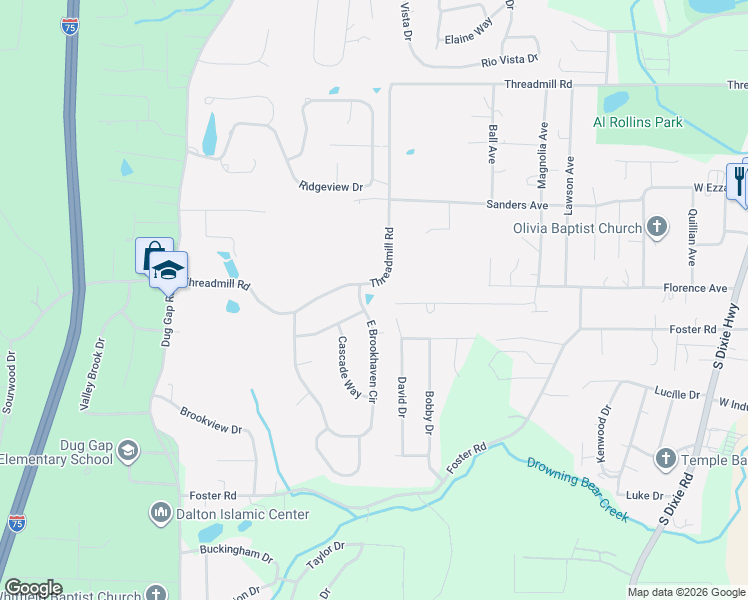map of restaurants, bars, coffee shops, grocery stores, and more near 1660 Threadmill Road in Dalton