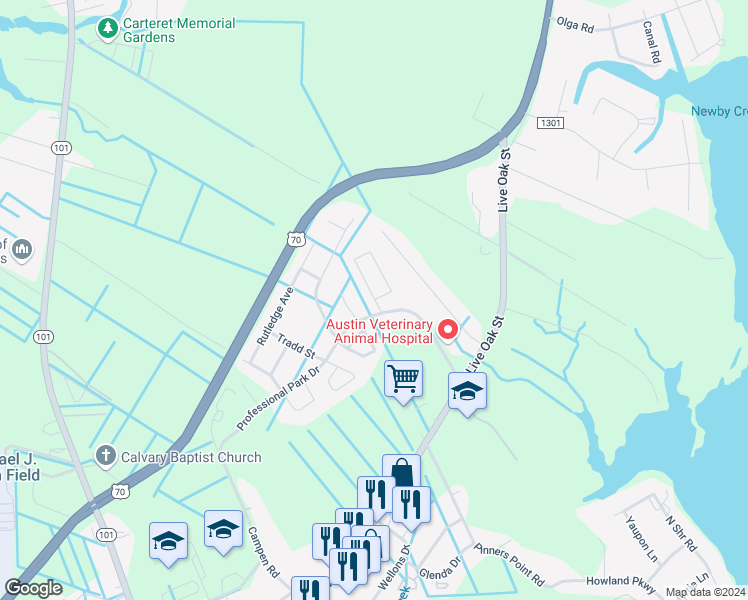 map of restaurants, bars, coffee shops, grocery stores, and more near 1798 Courtyard East in Beaufort