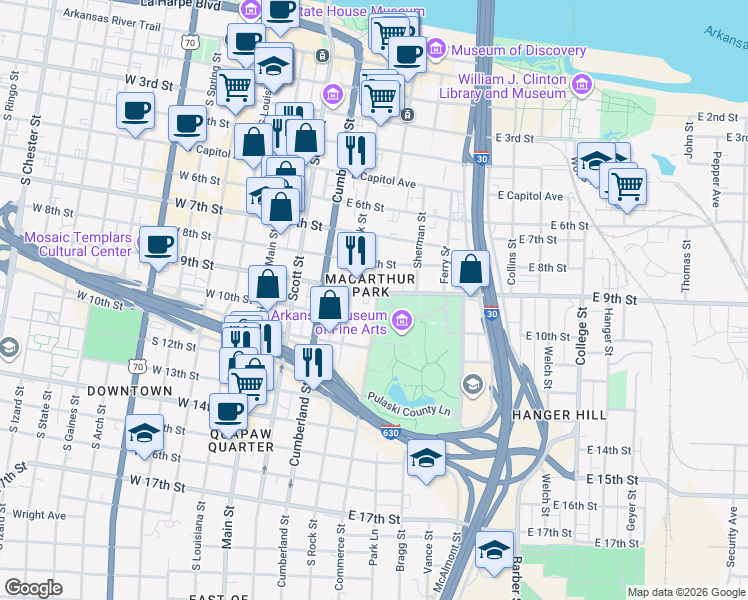 map of restaurants, bars, coffee shops, grocery stores, and more near 402 East 9th Street in Little Rock
