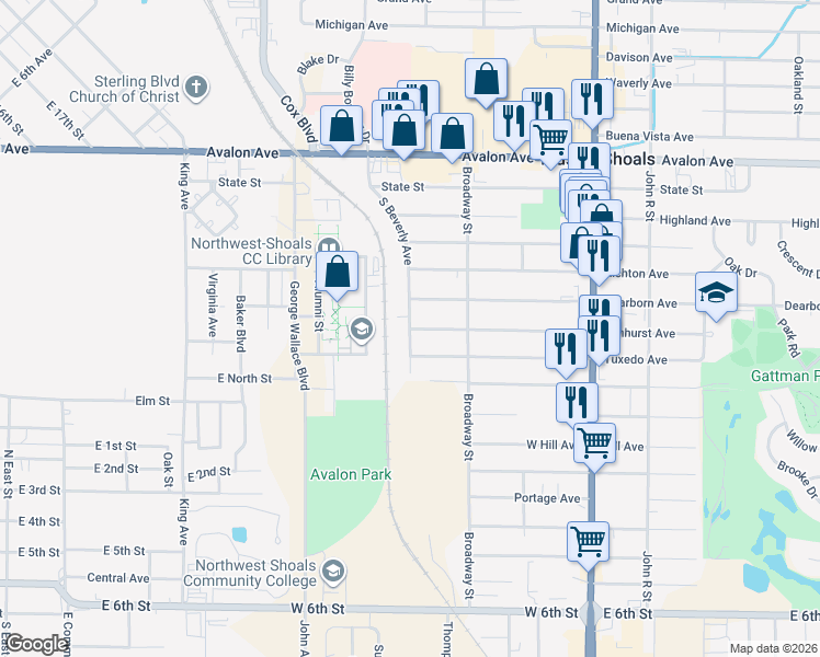map of restaurants, bars, coffee shops, grocery stores, and more near 2398 South Beverly Avenue in Muscle Shoals