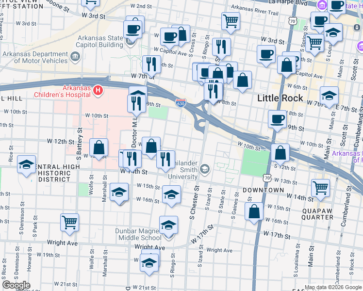 map of restaurants, bars, coffee shops, grocery stores, and more near 1020 South Ringo Street in Little Rock