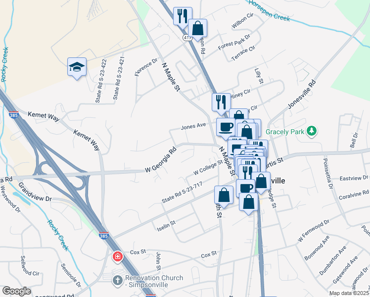 map of restaurants, bars, coffee shops, grocery stores, and more near 116 Sylvan Oak Way in Simpsonville