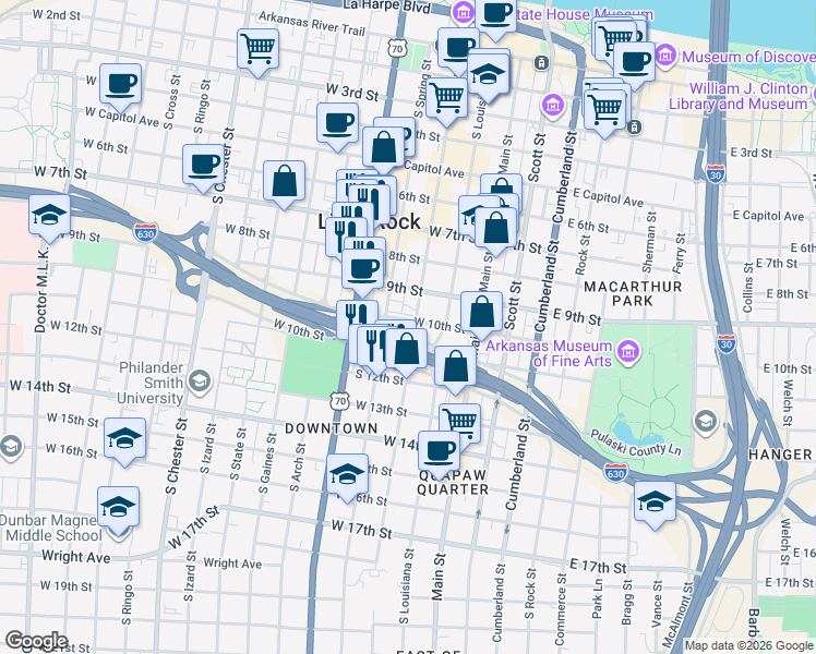 map of restaurants, bars, coffee shops, grocery stores, and more near 1000 Center Street in Little Rock