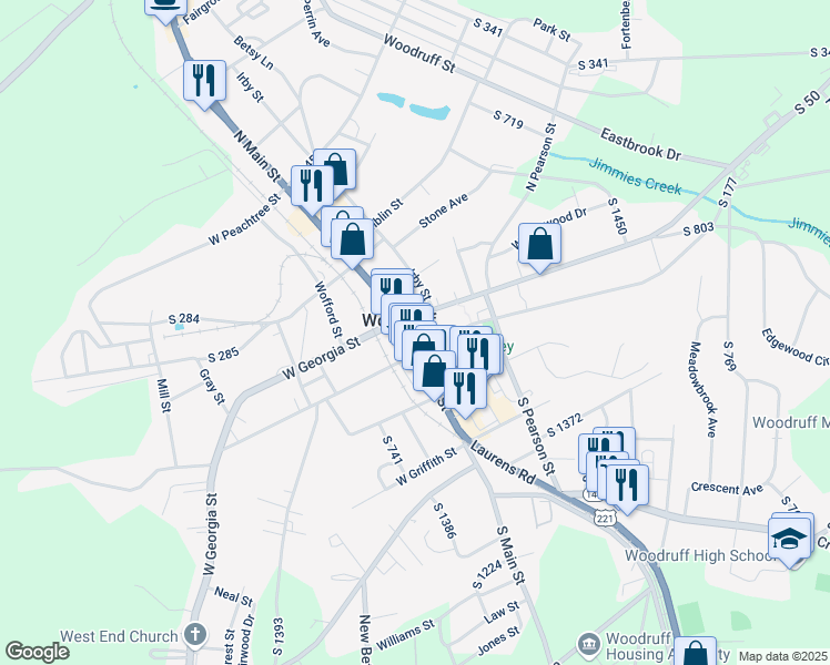map of restaurants, bars, coffee shops, grocery stores, and more near in Woodruff
