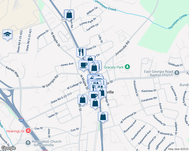 map of restaurants, bars, coffee shops, grocery stores, and more near 206 Northeast Main Street in Simpsonville