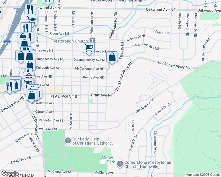 map of restaurants, bars, coffee shops, grocery stores, and more near 1707 Ward Avenue Northeast in Huntsville