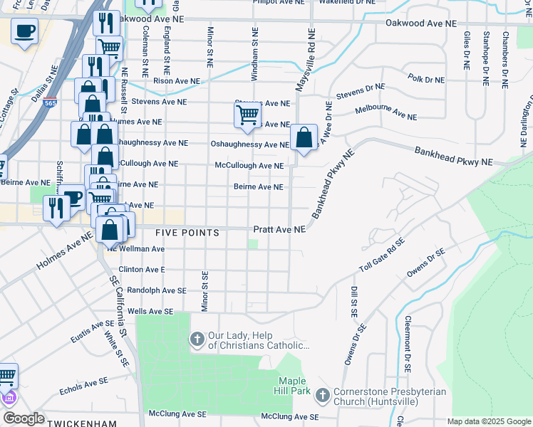 map of restaurants, bars, coffee shops, grocery stores, and more near 1603 Ward Avenue Northeast in Huntsville