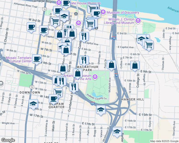 map of restaurants, bars, coffee shops, grocery stores, and more near in Little Rock